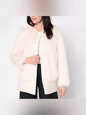 Dennis Basso Long Hair Faux Mink Coat with Faux Leather Beige Medium NWT